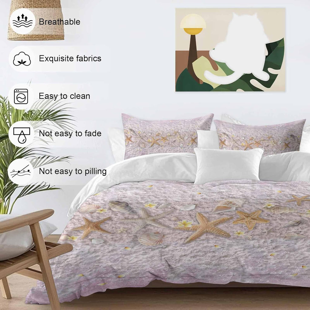 Summer Marine Life Duvet Cover Set Queen Size 4 Pieces Ocean Starfish Conch Shell Beach Pink Wood Grain Bedding Set with Zipper Closure, 1 Comforter Cover 92x106 Inches 1 Flat Sheet & 2 Pillow Cases