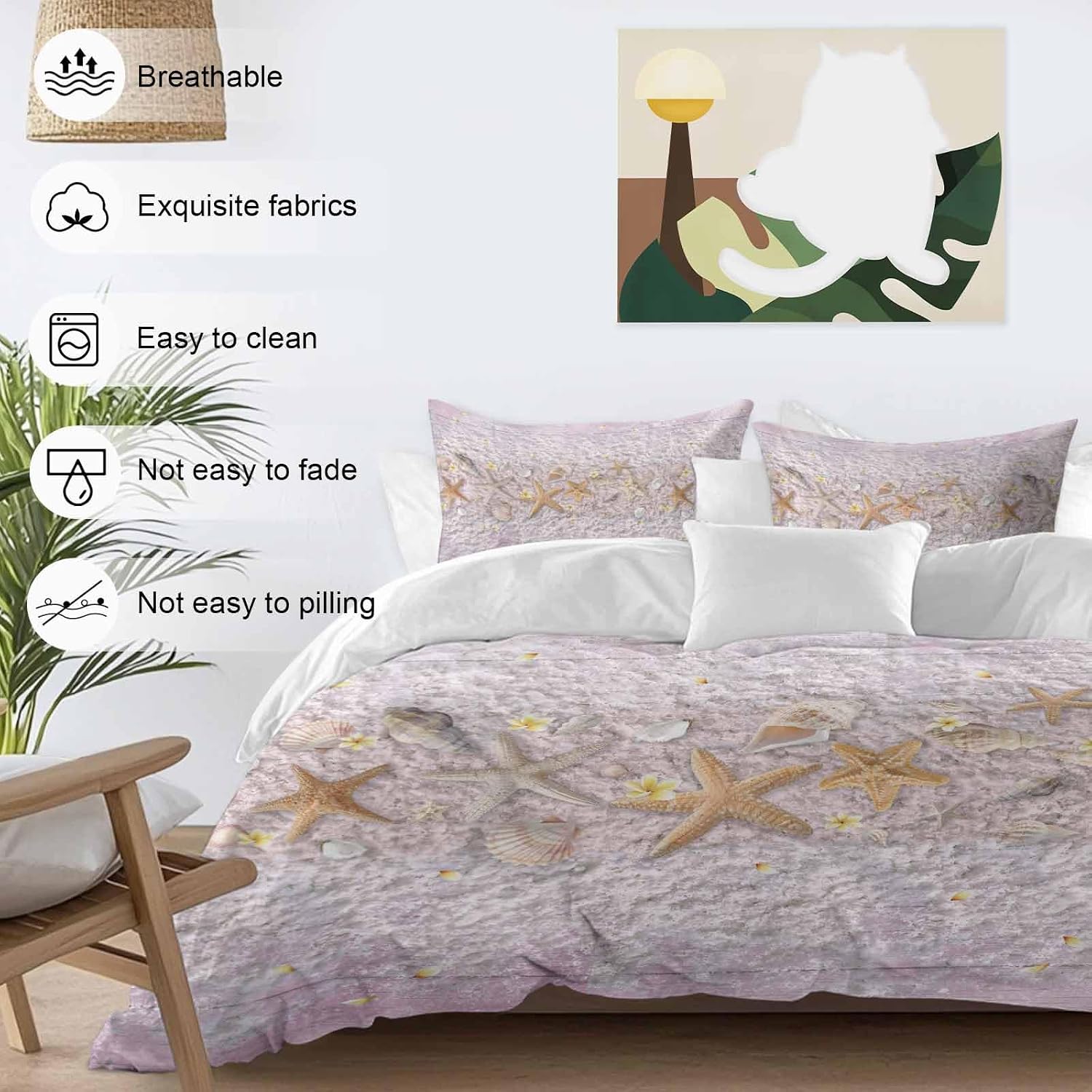Summer Marine Life Duvet Cover Set Queen Size 4 Pieces Ocean Starfish Conch Shell Beach Pink Wood Grain Bedding Set with Zipper Closure, 1 Comforter Cover 92x106 Inches 1 Flat Sheet & 2 Pillow Cases