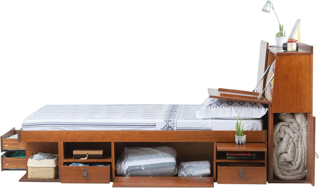 memomad Bali Set: Storage Platform Bed with Drawers + Bookcase Headboard (Full Size, Caramel Brown Wood)