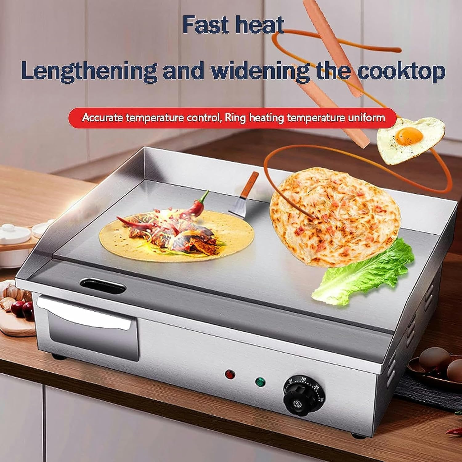 BaNbe Electric Griddle, Commercial Electric Flat Top Griddle Teppanyaki Stainless Steel Grill Adjustable Thermostatic Control, 122°F-572°F, Nonstick Countertop Hot Plate For Home Restaurant, 20240115