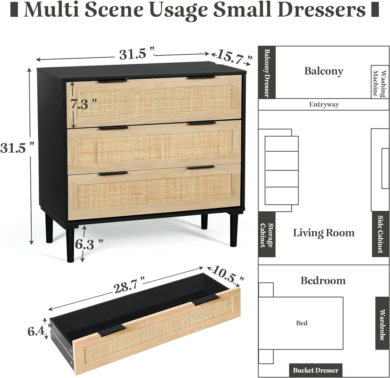 HOPUBUY Large Nightstand Set of 2 with Rattan Drawer, Modern 3 Drawer Night Stand for Bedroom, Wooden Bedside Table for Queen Size and King Size Bed,Black