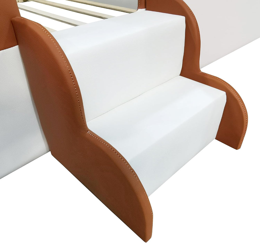 VilroCaz King Size Upholstered Daybed Frame with Fence and Stairs, Montessori Kids Floor Bed with Sturdy Slat Support for Kids Boys Girls (Brown+King)