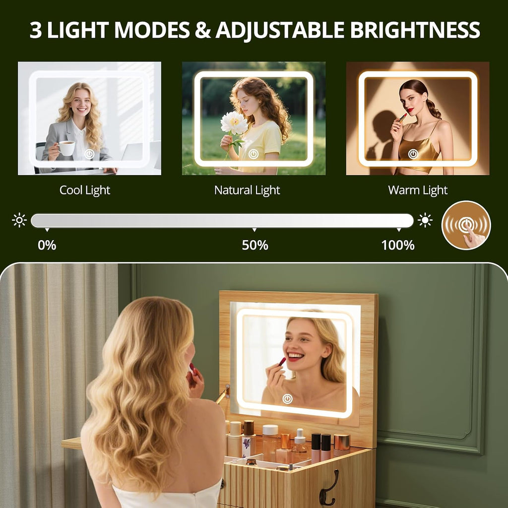 FURSUN 3-in-1 Vanity with Flip Mirror & Lights, Fluted Compact Vanity Table with 3 Drawers, Storage Compartment and Rolling Stool, Modern Small Makeup Vanity for Bedroom, Powder Room, Natural Oak