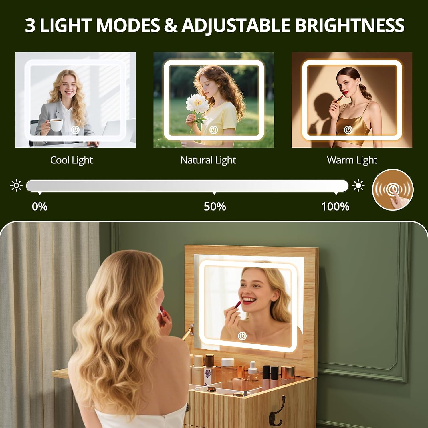 FURSUN 3-in-1 Vanity with Flip Mirror & Lights, Fluted Compact Vanity Table with 3 Drawers, Storage Compartment and Rolling Stool, Modern Small Makeup Vanity for Bedroom, Powder Room, Natural Oak