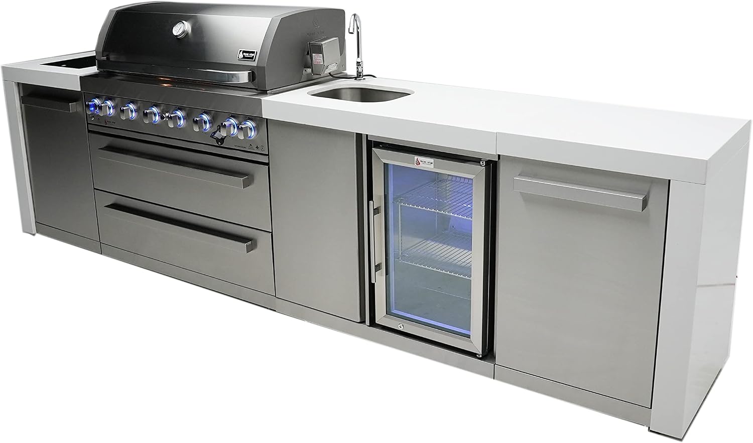 Mont Alpi 132'W x 23'D x 46'H Deluxe Stainless Steel Outdoor Kitchen Island with Refrigerator Faucet & Sink Combo + 44'W 6-Burner BBQ Grill + Granite Countertops + Storage Cabinets + Drawers + Cover