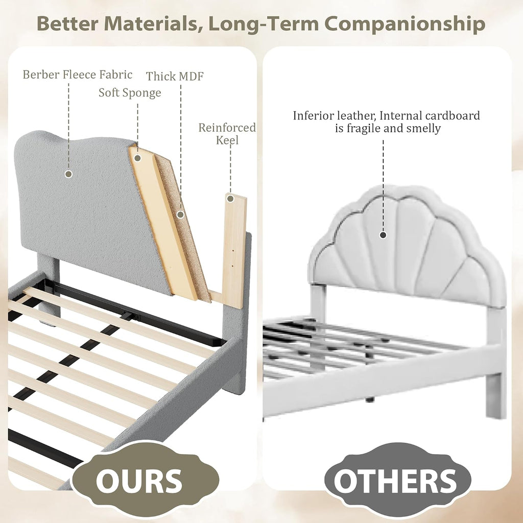 GarveeHome Twin Size Bed Frame for Kids - Cute Velvet Princess Platform Bed with Upholstered Headboard for Girls/Boys, Solid Wood Slats Support, No Box Spring Needed, Gray + White