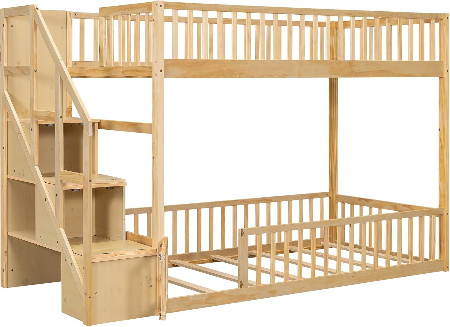 Twin Over Twin Floor Bunk Bed with Storage Ladder and Guardrails,for Kids Teens Adults (Natural#Ladder, Twin Over Twin)