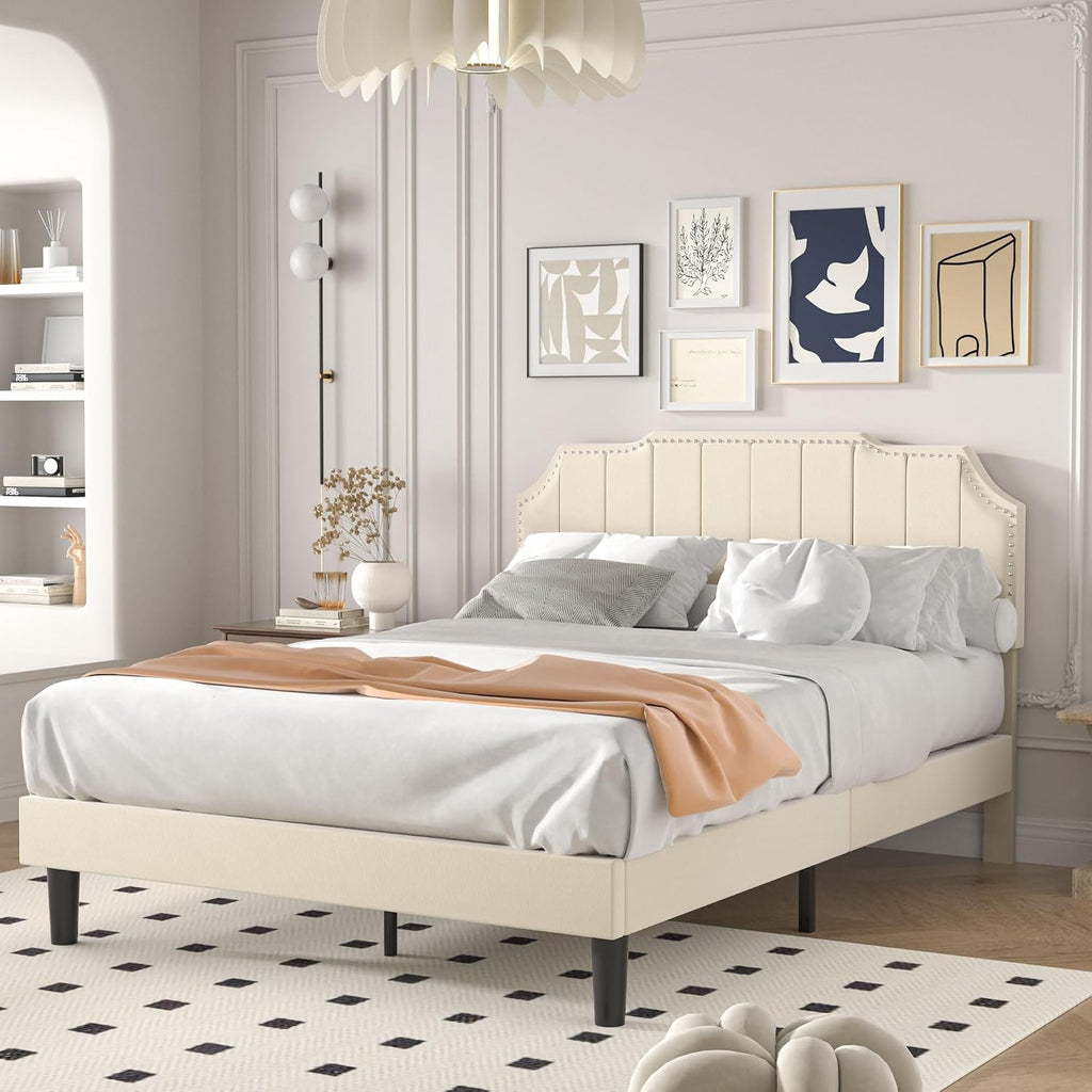 VECELO Queen Velvet Upholstered Platform Bed Frame with Tufted Adjustable Headboard/Mattress Foundation/Wooden Slat Support/Under Bed Storage Space/No Box Spring Needed/Easy Assembly