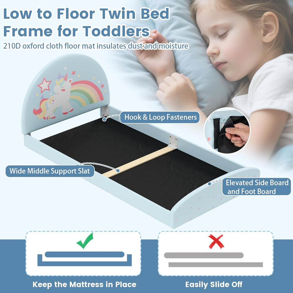 Costzon Twin Floor Bed Frame, Upholstered Kids Bed with 210D Oxford Cloth Floor Mat, Middle Support Slat & Padded Boards, Montessori Floor Bed for 3+ Kids (Blue Rainbow)