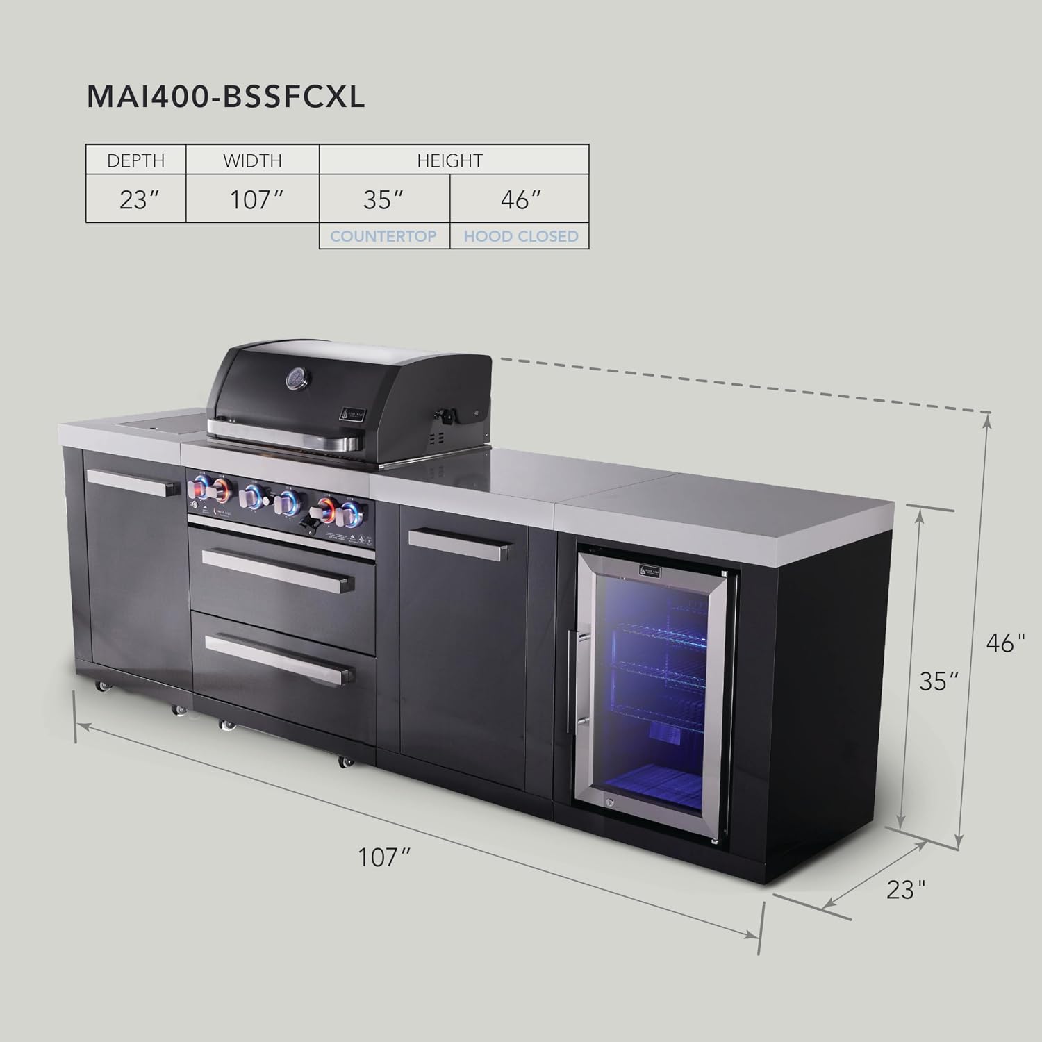 Mont Alpi Premium 107'W x 23'D x 46'H Black Stainless Steel Outdoor Kitchen Island with Refrigerator + 32'W 4-Burner BBQ Grill + Granite Countertops + Storage Drawers + Cabinets + Rotisserie + Cover