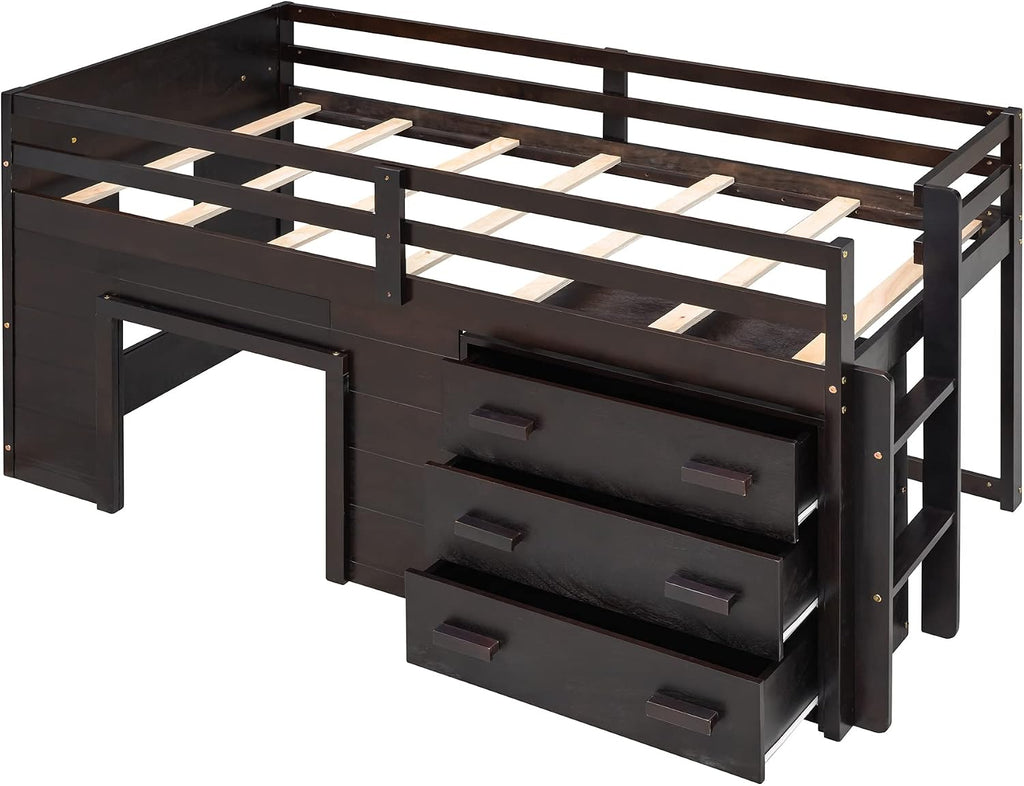 Ball & Cast Twin Size Low Loft Bed with Safety Guardrail & Stair,Wooden Bedframe W/Cabinet & Shelf,Solid Construction,No Spring Box Needed,Furniture Set for Boys Girls Keens Study Bedroom,Espresso