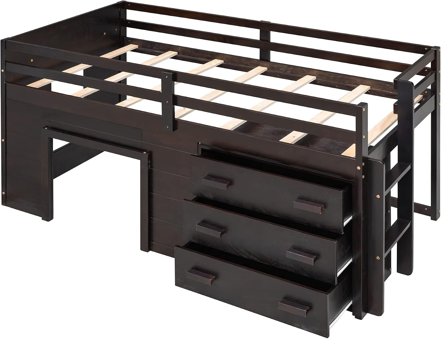Ball & Cast Twin Size Low Loft Bed with Safety Guardrail & Stair,Wooden Bedframe W/Cabinet & Shelf,Solid Construction,No Spring Box Needed,Furniture Set for Boys Girls Keens Study Bedroom,Espresso