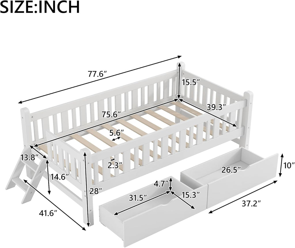 VilroCaz Twin Size Platform Bed with Guardrail and 2 Drawers, Wood Kids Platform Bed Frame with Two-Step Ladder for Boys Girls, Sturdy Slats Support (White-1.26)