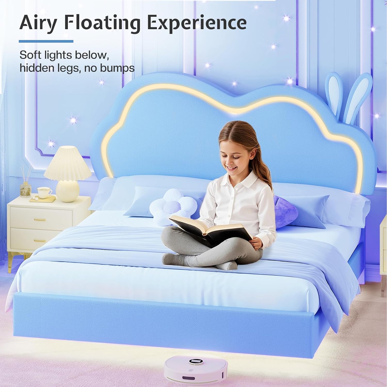 Jocisland Twin Size Floating Bed Frame, Faux Leather Upholstered Platform Bed with LED Lights, Adjustable Cloud Headboard, No Box Spring Needed, Blue | Bunny Ears Design, Multi-Color Lighting, Hidden Bed Legs, Dreamy room vibe, Easy Clean Surface