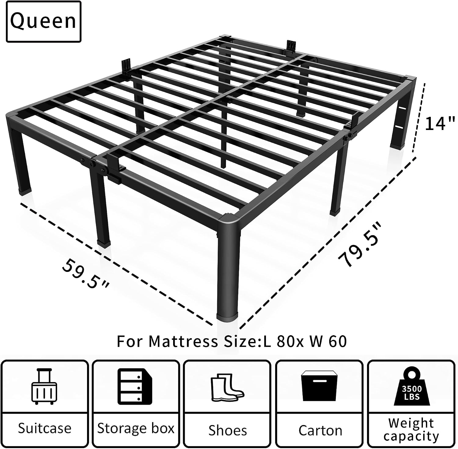 ROIL 14 inch Metal Queen Bed Frame with Rounded Corner and Headboard Hole Mattress Retainers 3500LBS Heavy Duty Steel Slats No Box Spring Needed Platform Noise-Free Easy Assembly