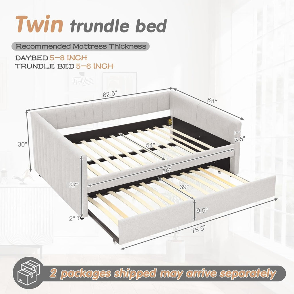 Twin to King Daybed with Trundle, USB Ports Soft Upholstered Daybed with Pop Up Trundle Bed Twin , Modern Extendable Day Bed Frame for Kids Bedroom Living Room Guest Room Small Places Linen White