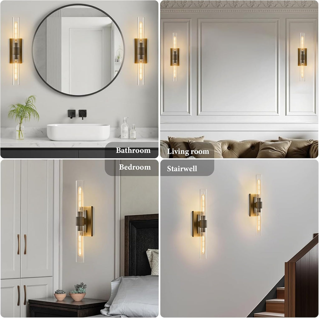 Linear Brass Bathroom Wall Sconce - Luxury Antique Brushed Gold Sconces Set of 2 - Dimmable Vanity Lights Fixture with Clear Glass Tube - Modern Lighting for Bedroom Living Room Hallway Indoor Decor