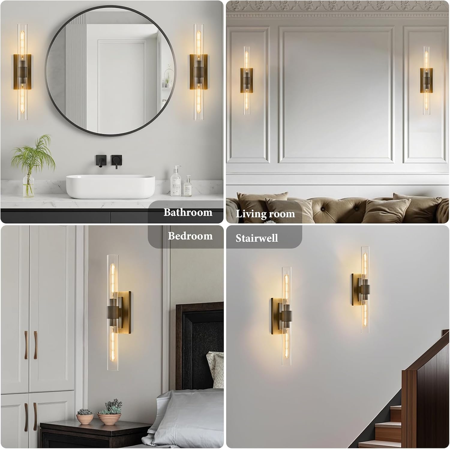 Linear Brass Bathroom Wall Sconce - Luxury Antique Brushed Gold Sconces Set of 2 - Dimmable Vanity Lights Fixture with Clear Glass Tube - Modern Lighting for Bedroom Living Room Hallway Indoor Decor