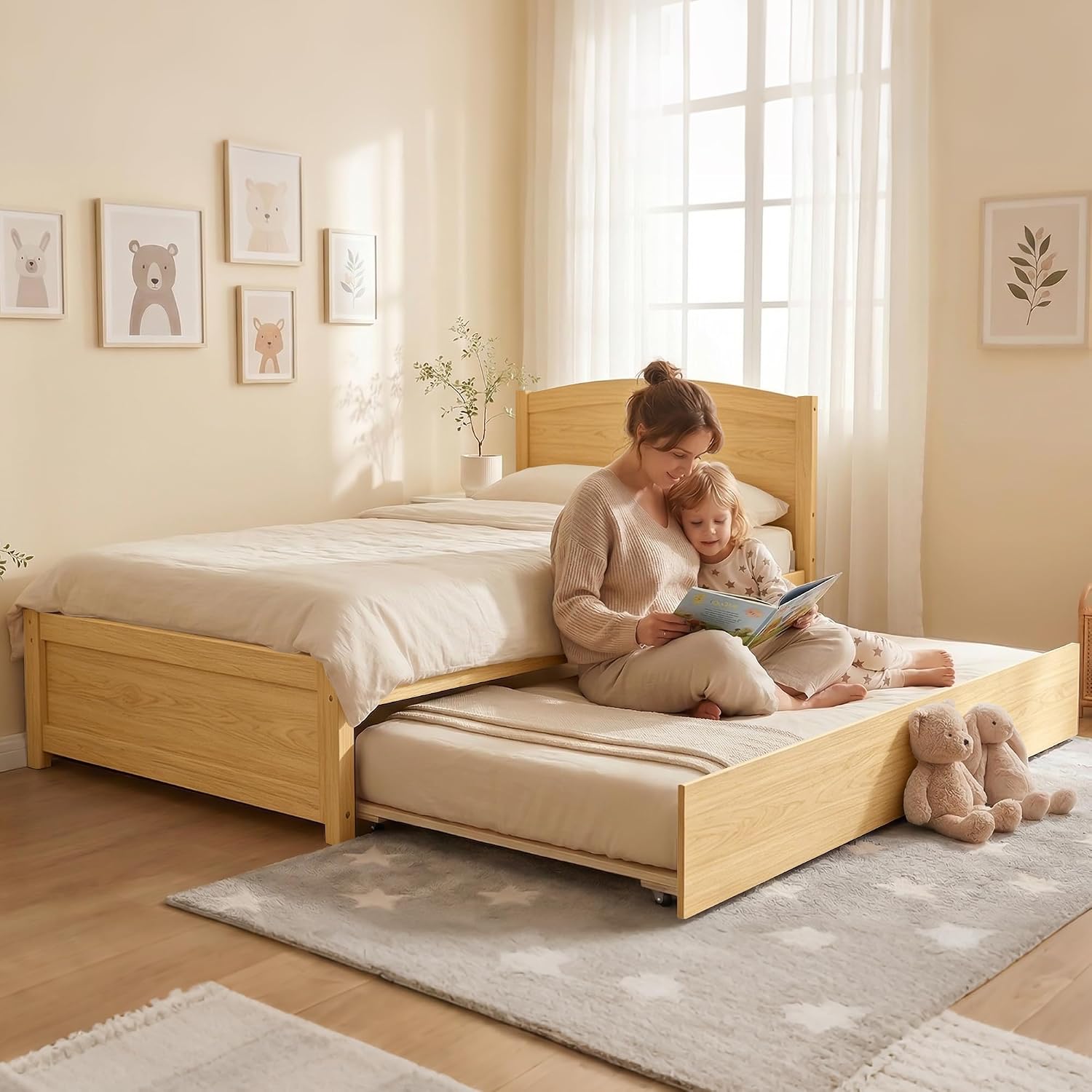 Xilingol Trundle Bed Twin, Solid Wood Beds Frames with Headboard and Wooden Slats Support, Twin Trundle Beds Frame Roll Out, Single Box Bed (No Box Spring Needed), Natural