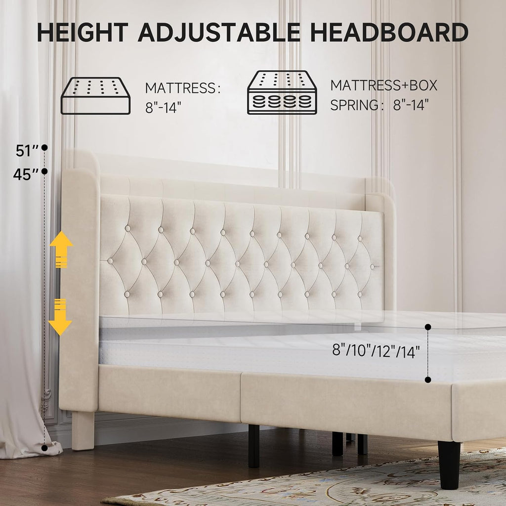 koorlian King Velvet Bed Frame, Adjustable Upholstered Platform Bed Frame with Type-C&USB Ports, Wingback Storage Headboard, Solid Wood Slats Support, No Box Spring Needed, Noise-Free, Beige