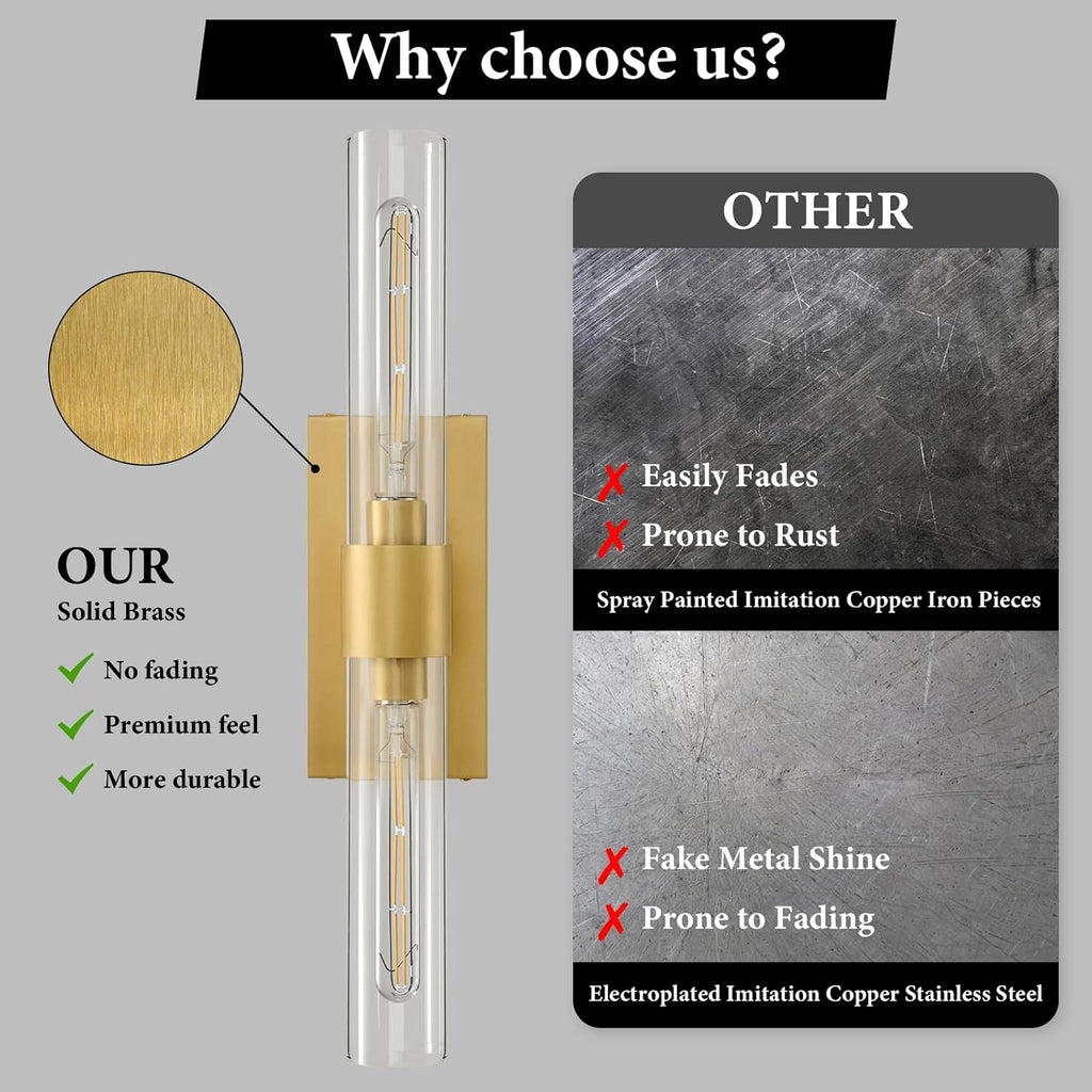 Champagne Brass Bathroom Wall Sconce - Set of 2 Modern Gold Light Sconces - Clear Glass Tube Vanity Lights - Vertical or Horizontal Mounted Dimmable Lighting Fixtures for Indoor Living Room Hallway