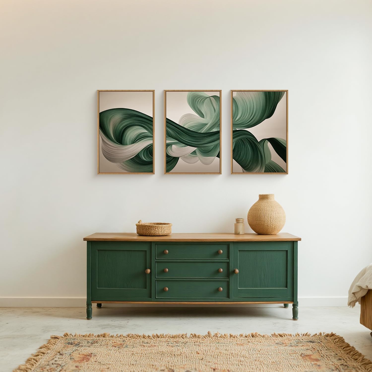 KAIRNE Green Abstract Framed Canvas Wall Art Set,Minimalist Green Lines Wall Decor,Modern Flowing Texture Art Prints,Neutral Smokes Waves Artwork for Living Room,Bedroom,Farmhouse,Office-24 x36 x3
