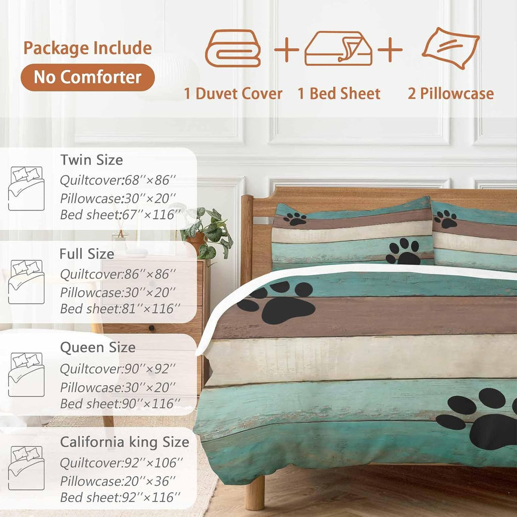 Farmhouse Duvet Cover Set Queen Size 4 Pieces Cute Animal Claws Vintage Green Brown Wood Grain Bedding Set with Zipper Closure, 1 Comforter Cover 92x106 Inches 1 Flat Sheet & 2 Pillow Cases