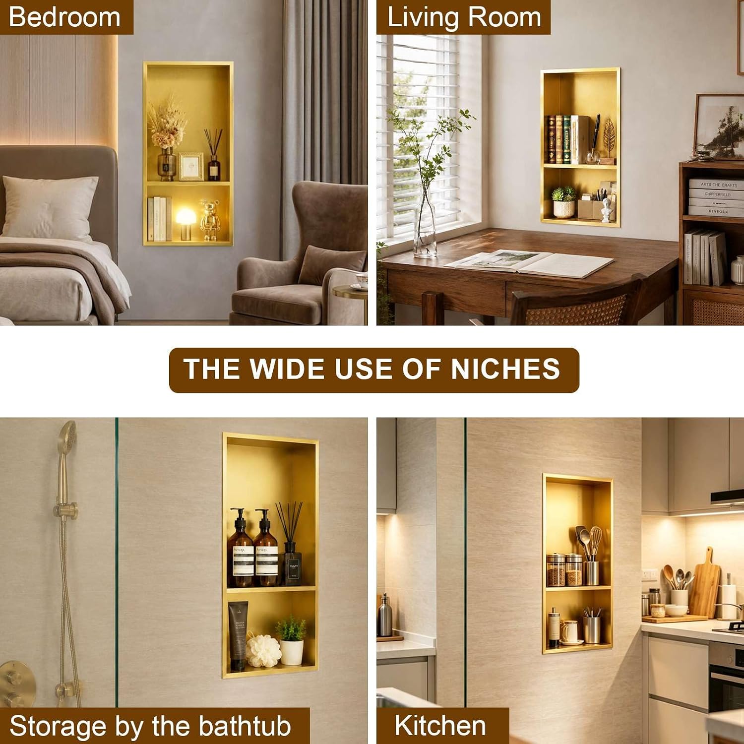 SaniteModar Shower Niche, Stainless Steel Shower Niche No Tile Needed, Recessed for Bathroom Storage (Brushed Gold, 12' x 24' D)
