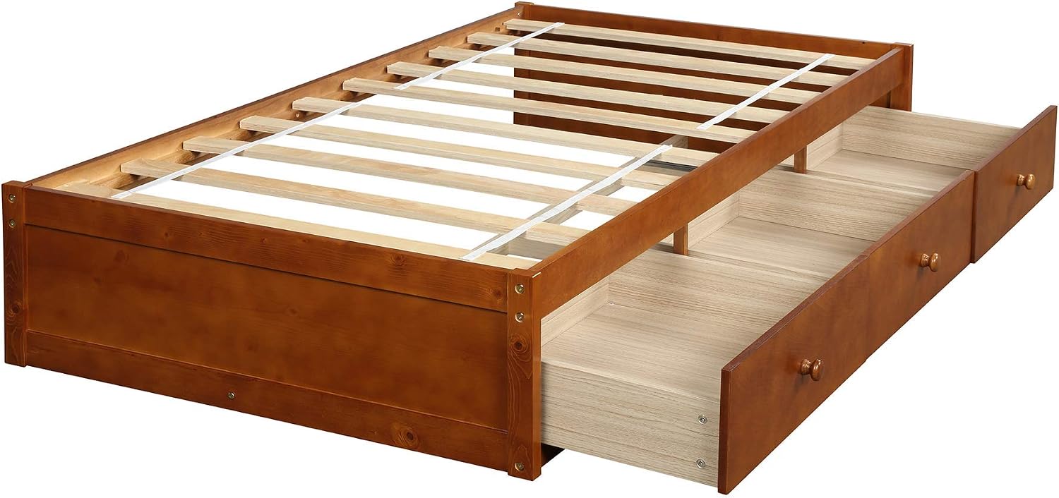 SOFTSEA Twin Size Wood Platform Bed Frame with 2 Storage Drawers, Twin Platform Bed with Slats Support, Without Headboard for Kids Guest, Save Space