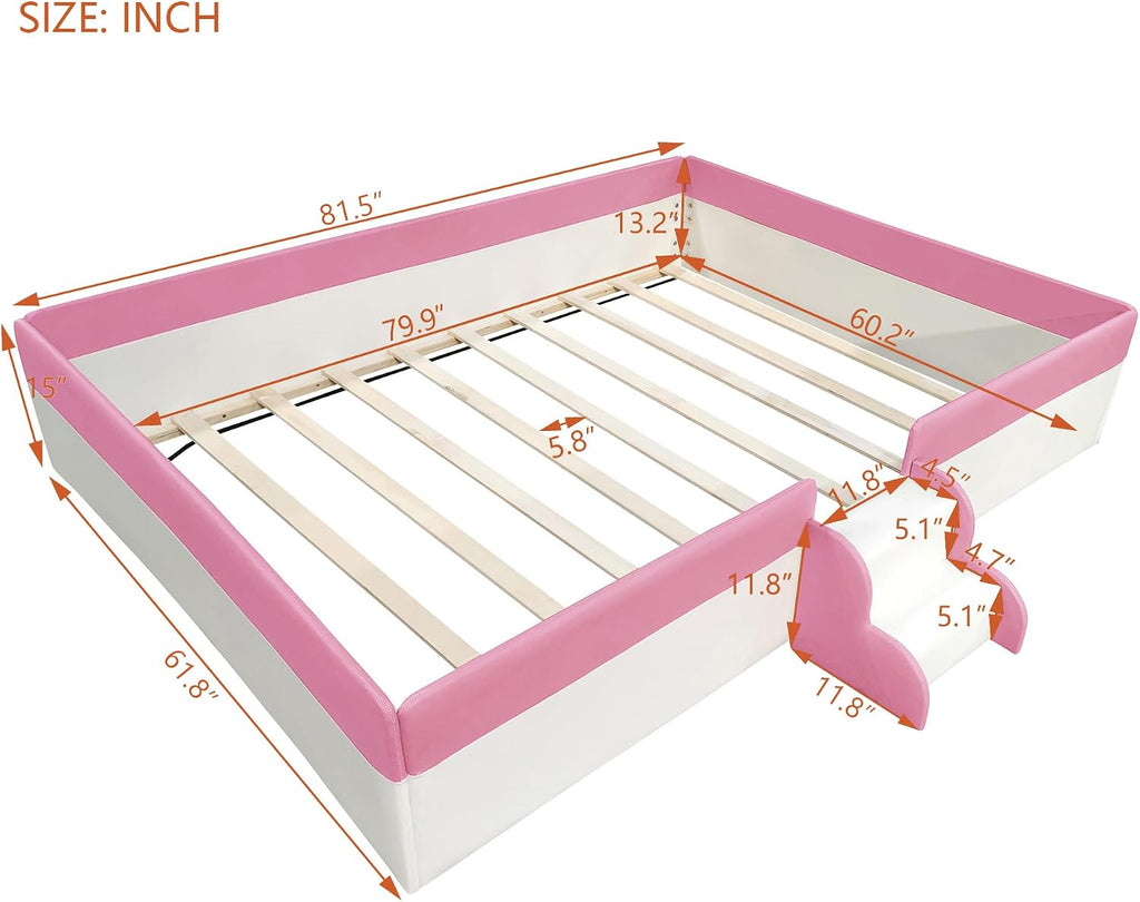 VilroCaz Queen Size Upholstered Daybed Frame with Fence and Stairs, Montessori Kids Floor Bed with Sturdy Slat Support for Kids Boys Girls