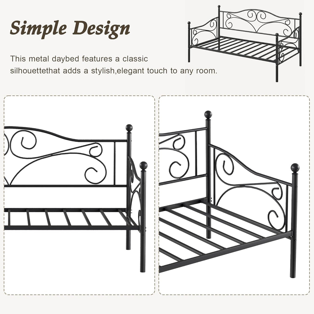 VECELO Daybed Frame, Twin Size Metal Platform Bed with Headboard,Heavy Duty Steel Slats Support for Living Room Bedroom Guest Room, Easy Assembly