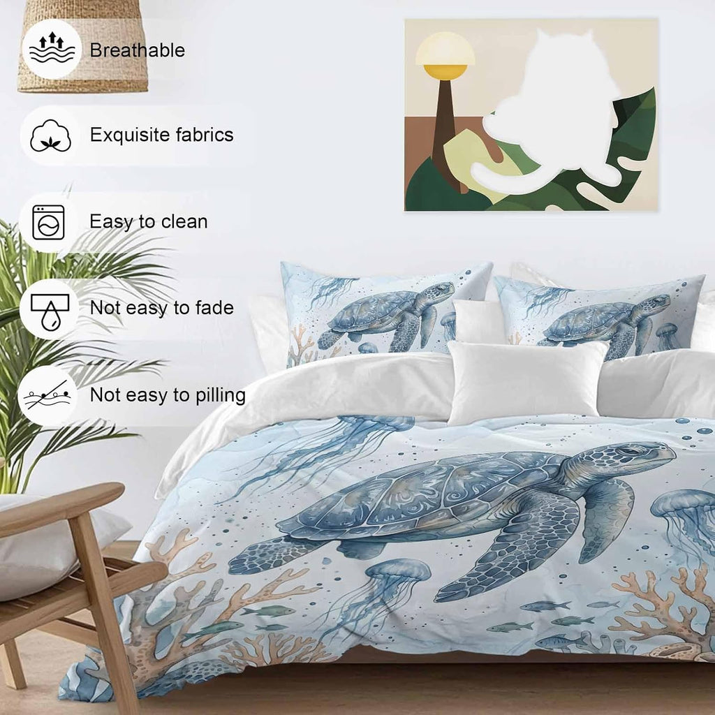 Marine Life Duvet Cover Set Queen Size 4 Pieces Blue Sea Turtle Jellyfish Fish Brown Coral Watercolor Bedding Set with Zipper Closure, 1 Comforter Cover 92x106 Inches 1 Flat Sheet & 2 Pillow Cases