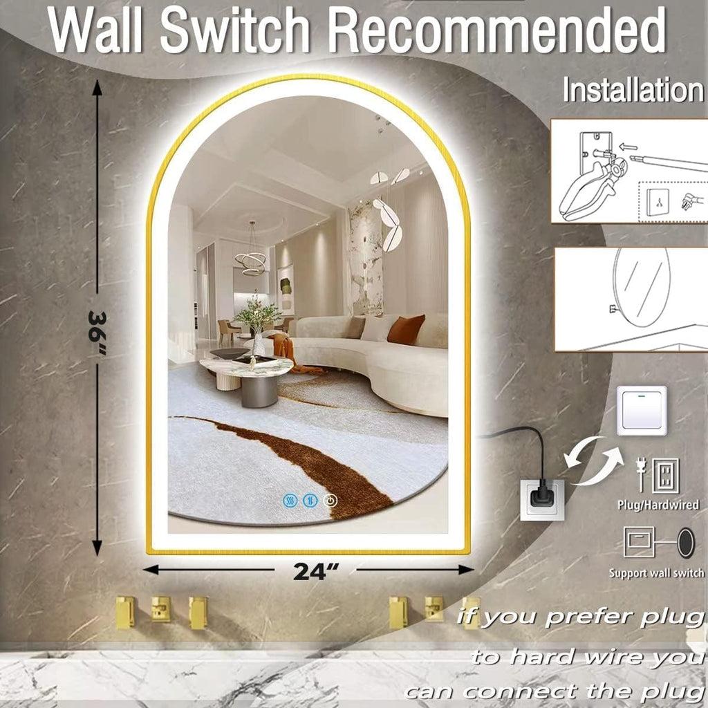 24 x 36 Inch Gold Arch Vanity Mirror with Lights 3 Color Dimmable Anti Fog 36' Gold Frame Arch LED Mirror for Bathroom Wall & Table Makeup Arched Lighted Mirrors