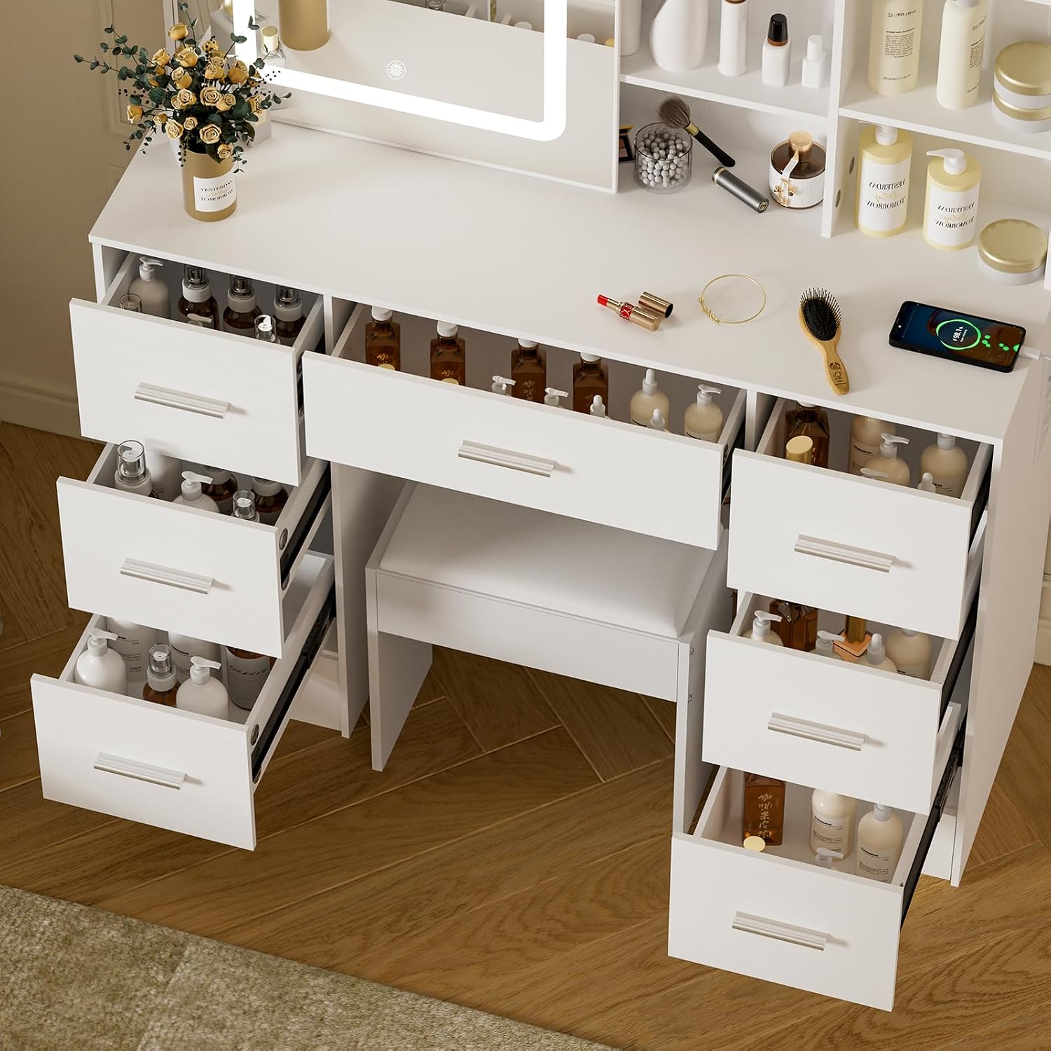 Makeup Vanity Desk with Mirror and Lights, Makeup Vanity Table, White Makeup Desk with 7 Drawers & Storage Shelves, 3 Color Modes Adjustable, Vanity Set with Mirror, Dressing Table for Bedroom