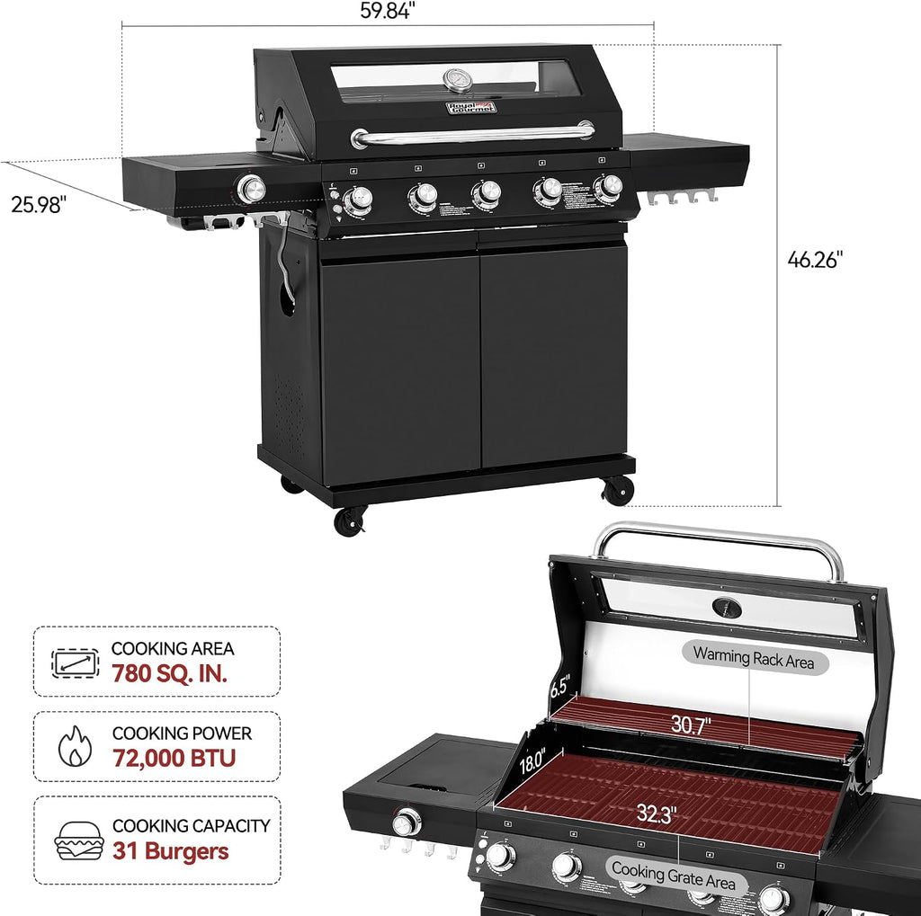 GEA5001H 5-Burner Gas Grill With Infrared Side Burner, Bilateral Stainless Steel Side Shelf With Hook, Cabinet Style Grill for Outdoor Grilling and Backyard Cooking, Black