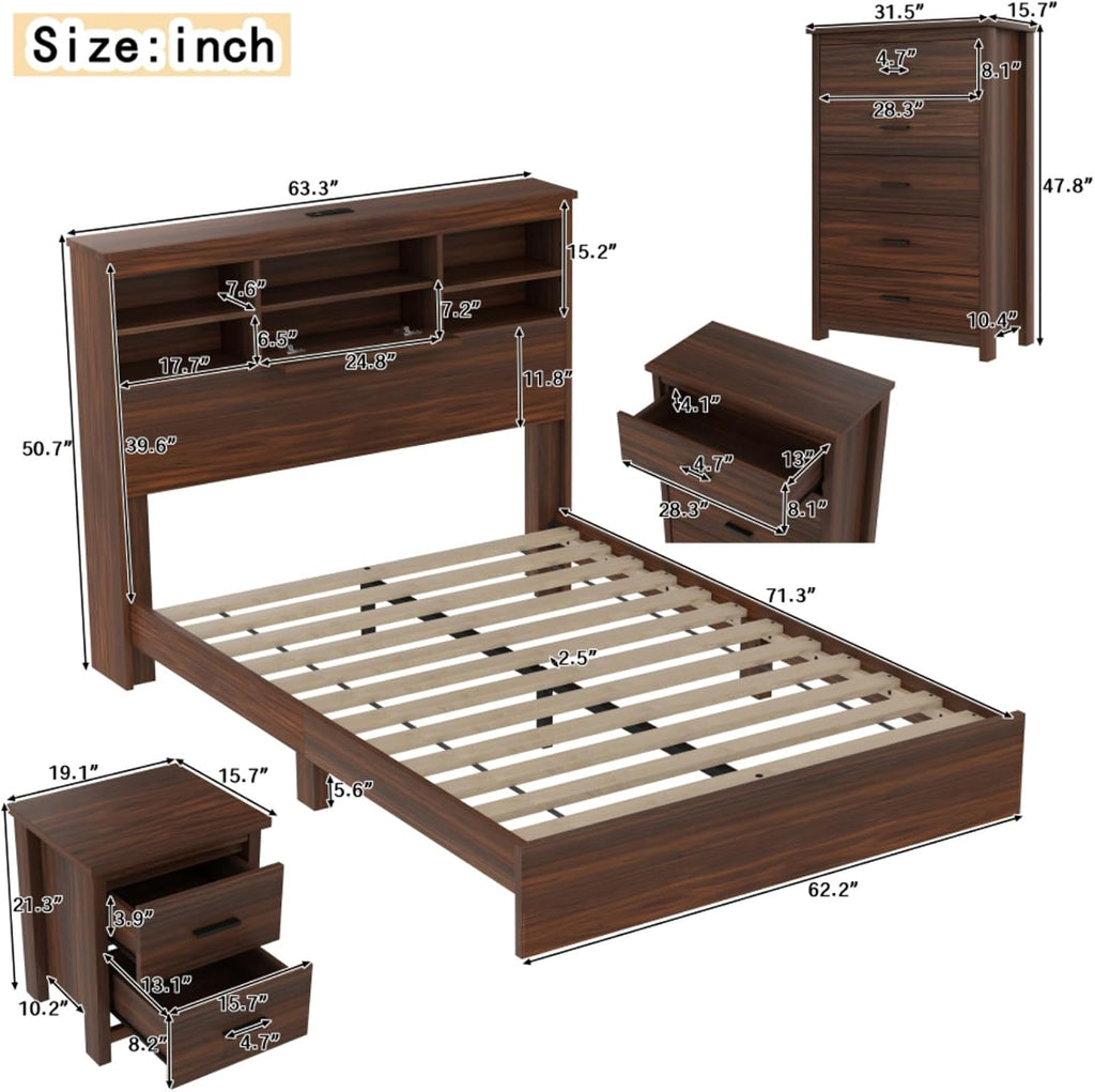 4-Pieces Queen Size Bedroom Set, Platform Bed Frame with Storage Headboard USB-Port, 1 Dresser with 5 Cabinet Drawers and 2 Nightstands with 2 Drawers, for Boys Girls Adults, Walnut