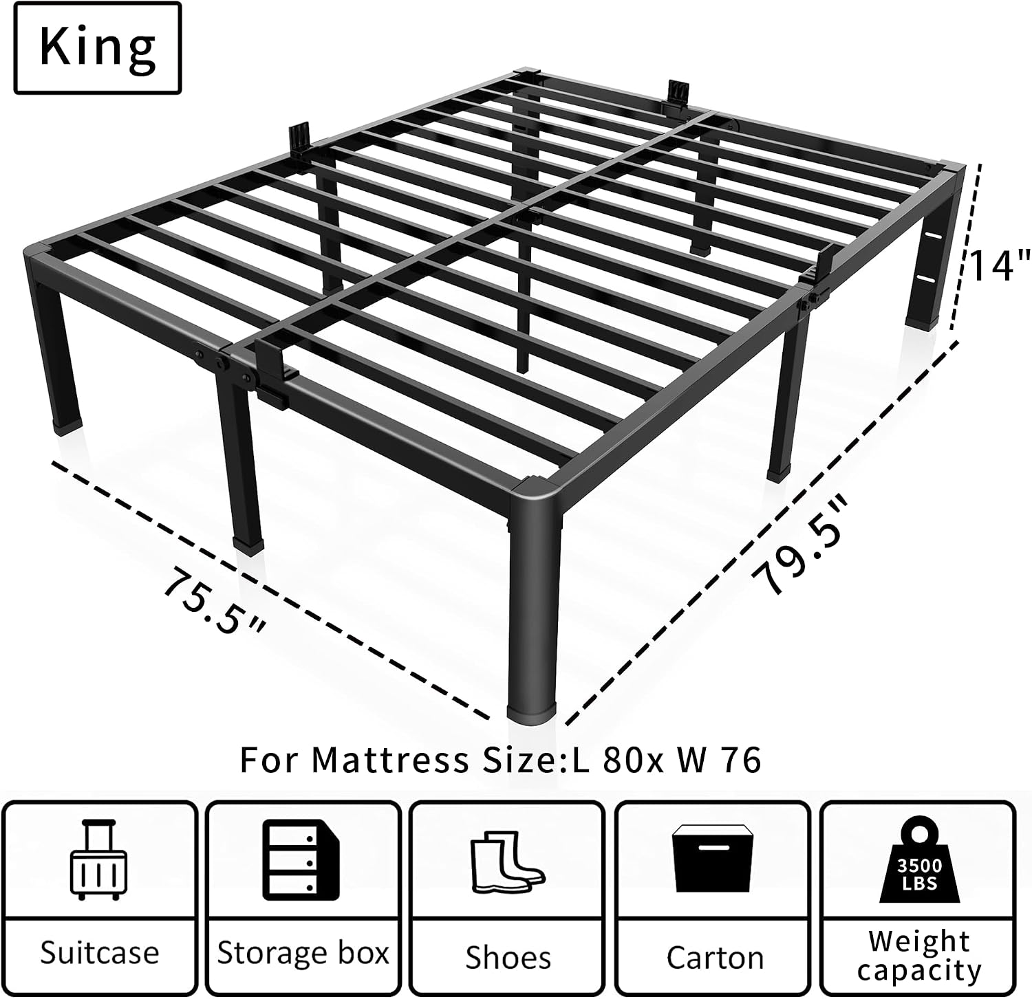 ROIL 14 inch King Size Bed Frame Metal Platform No Box Spring Needed with Headboard Hole Round Corner Legs Mattress Stoppers Retainers 3500LBS Heavy Duty Steel Slats Noise-Free