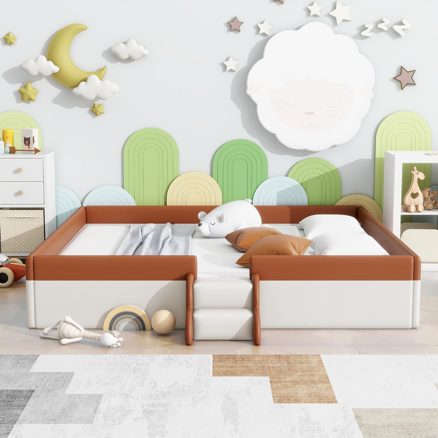 VilroCaz King Size Upholstered Daybed Frame with Fence and Stairs, Montessori Kids Floor Bed with Sturdy Slat Support for Kids Boys Girls (Brown+King)