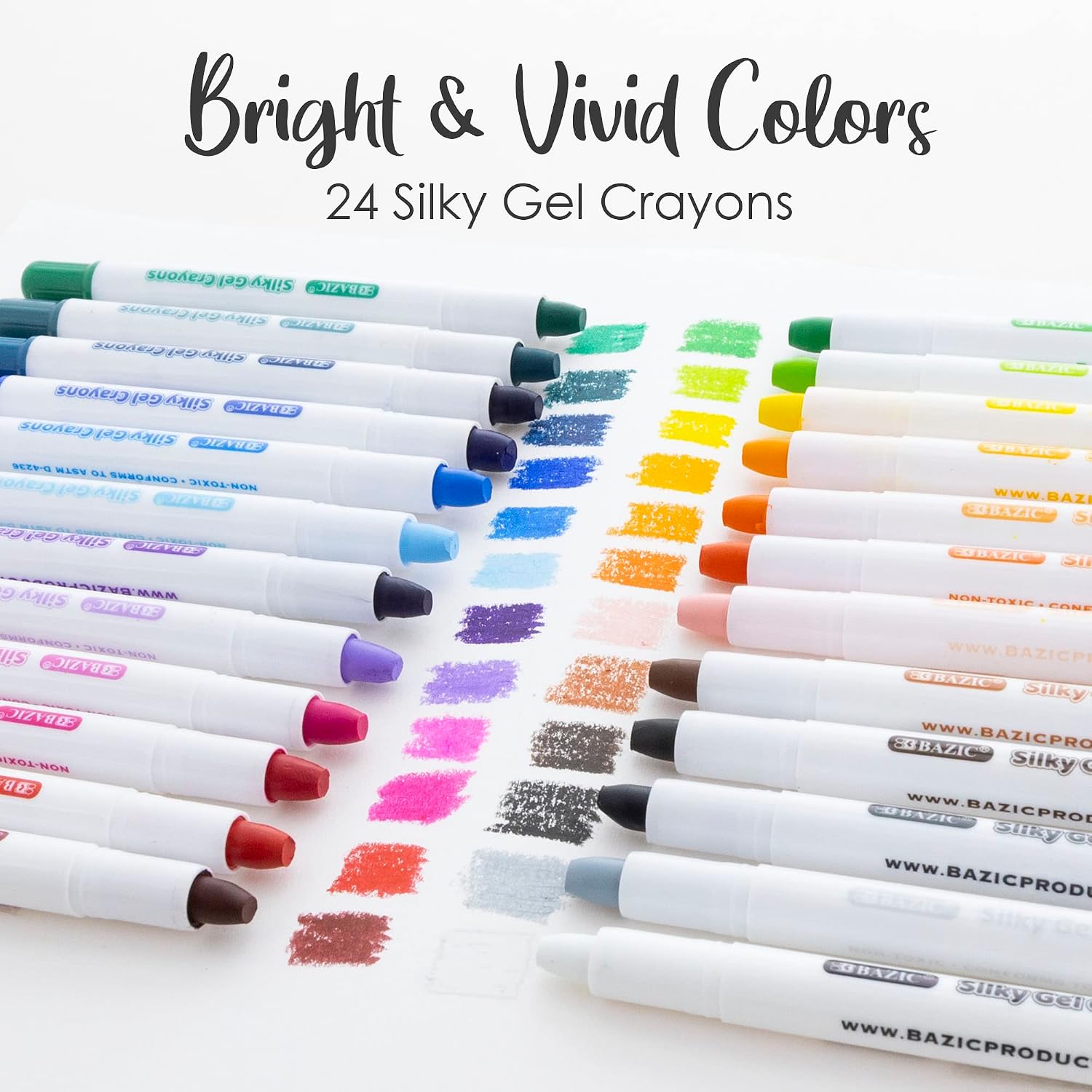 BAZIC PRODUCTS Silky Gel Crayons 24 Color, Washable Blendable Non Toxic Watercolor Crayon for Coloring Book (24/Pack), 12-Packs