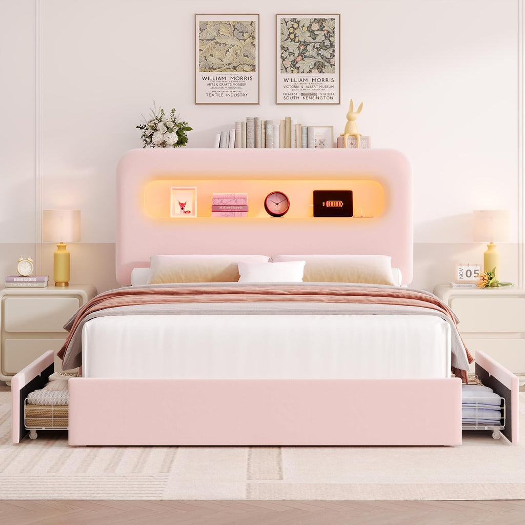 HOSTACK Full LED Bed Frame with Storage Headboard and Charging Station, Girls Bed Frame with 2 Drawers and USB Ports, Velvet Upholstered Platform Bed Frame with Bookcase, No Box Spring Needed, Pink