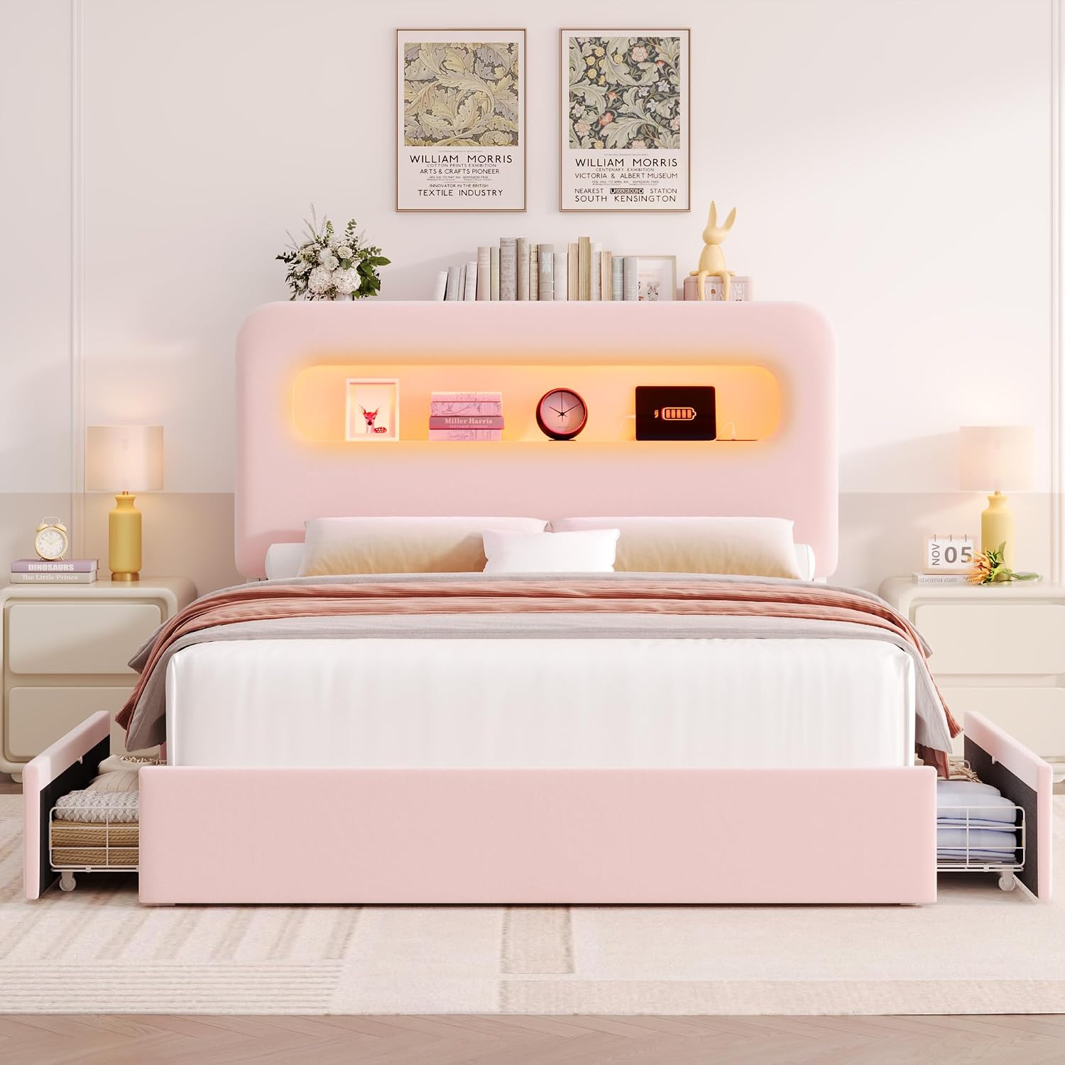 HOSTACK Full LED Bed Frame with Storage Headboard and Charging Station, Girls Bed Frame with 2 Drawers and USB Ports, Velvet Upholstered Platform Bed Frame with Bookcase, No Box Spring Needed, Pink