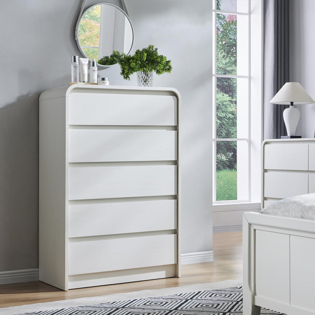 Aitjunz Modern 5 Drawers Dresser for Bedroom, 45' Tall Dressers & Chests of Drawers w/Curved Profile Design, Wood Mid Century Vertical Dresser w/Natural Texture for Bedroom, Living Room, Antique White