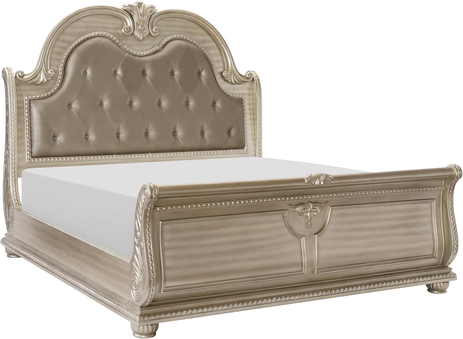 Traditional Classic 5 Pieces Queen Size Set Silver Finish Faux Leather Upholstered Bed Classic Design Marble Top Formal Bedroom Furniture