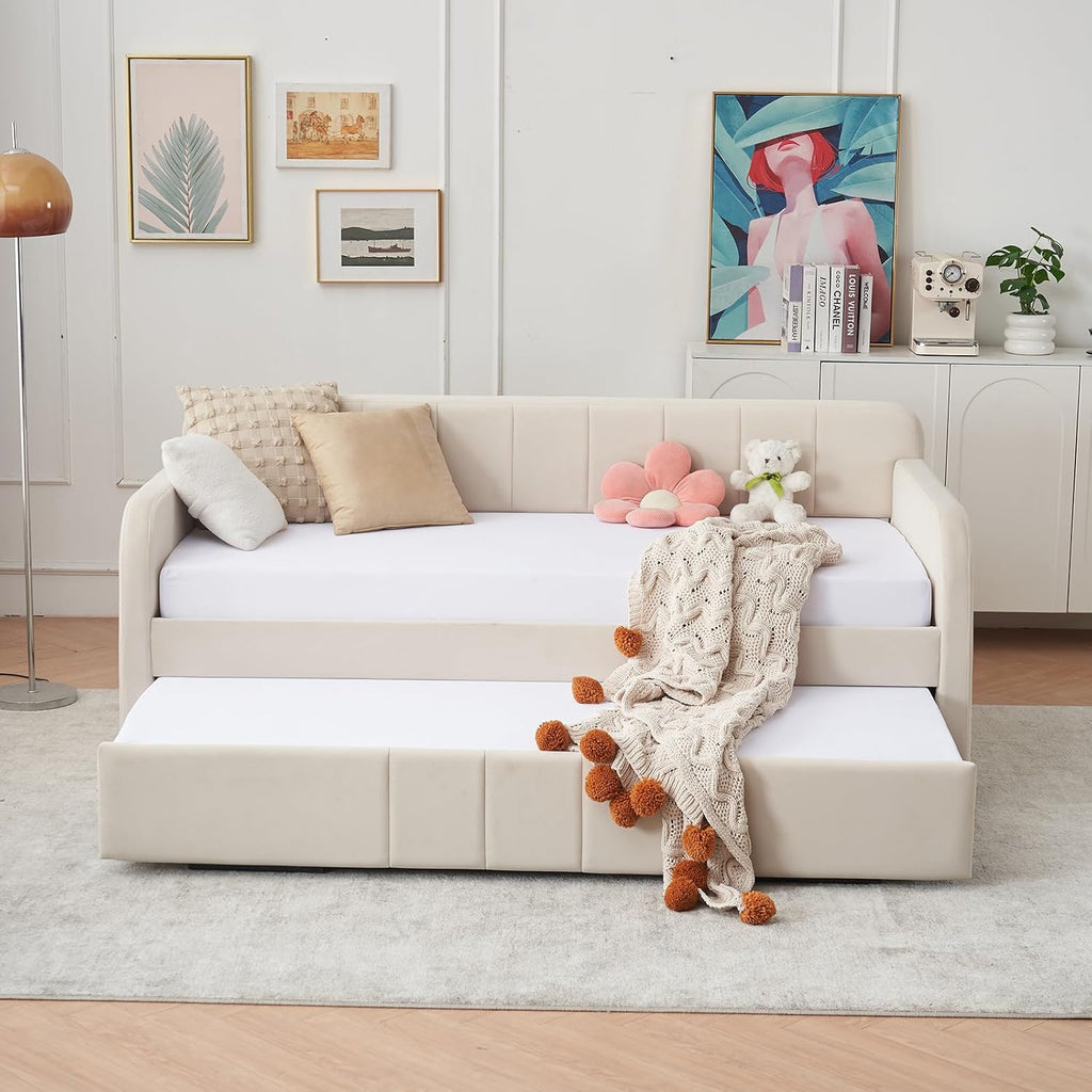 Deolme Twin to King Daybed with Trundle, USB Ports, Velvet Upholstered Daybed with Pop Up Trundle Bed, Modern Extendable Day Bed Frame for Kid Adult Bedroom Living Room Guest Room Small Places Beige