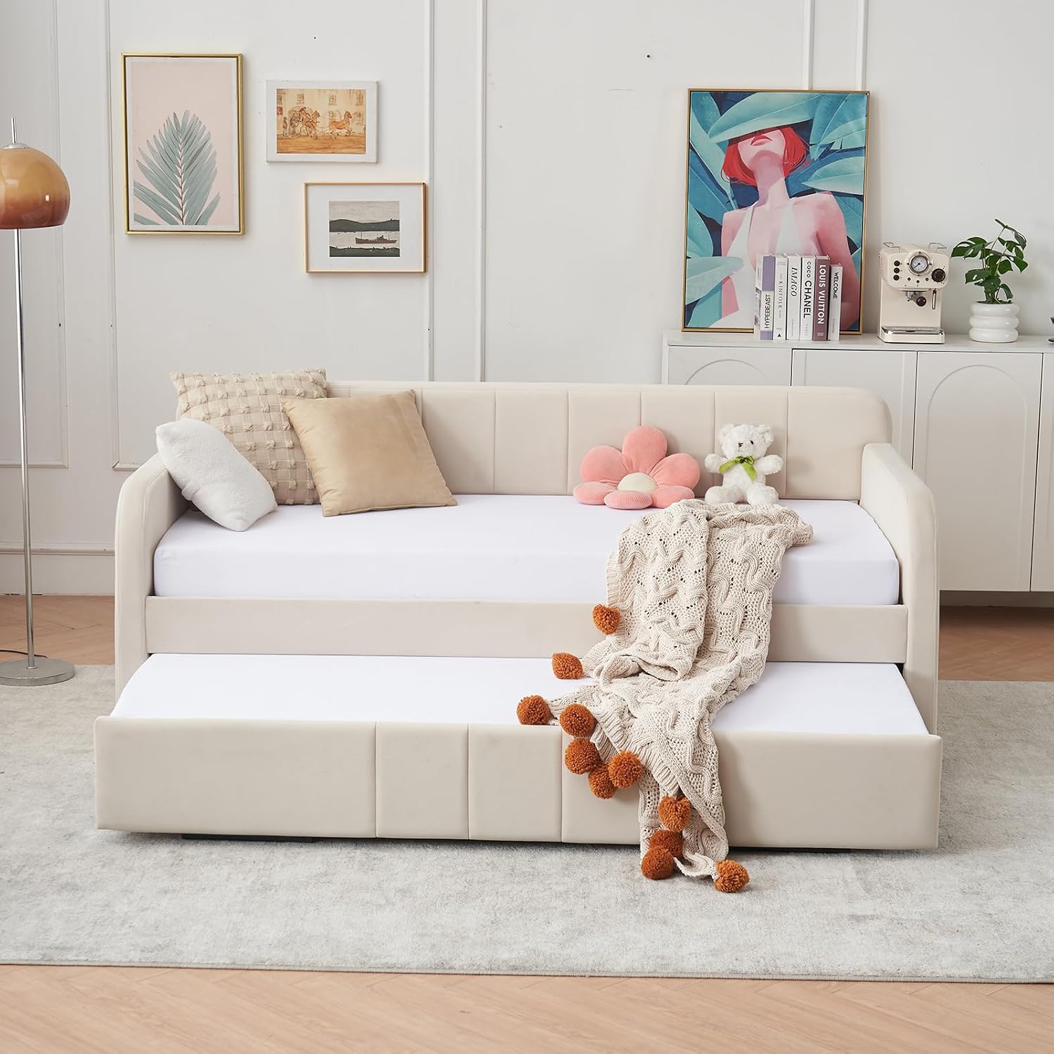 Deolme Twin to King Daybed with Trundle, USB Ports, Velvet Upholstered Daybed with Pop Up Trundle Bed, Modern Extendable Day Bed Frame for Kid Adult Bedroom Living Room Guest Room Small Places Beige
