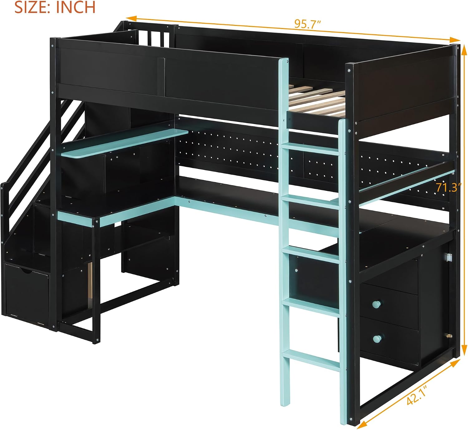 Ball & Cast Gaming Twin Size Loft Bed with Storage Stairs,Wood Gamer Loft Bed Frame W/Desk,Shelves and Pegboard,High Loft Bed W/Full-Length Guardrail,Bedroom Furniture for Student Dorms,Black+Blue
