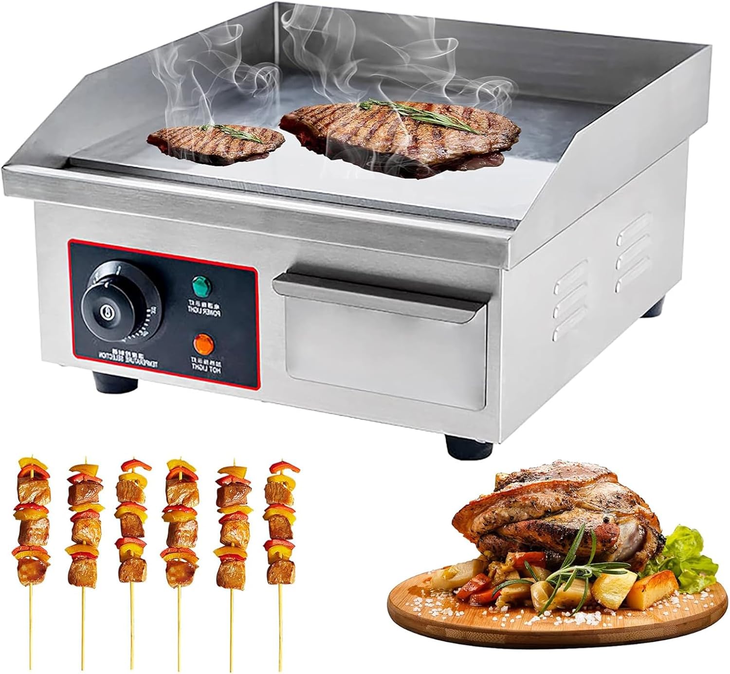 1500W Commercial Electric Countertop Griddle, Countertop Stainless Steel Grills Hotplate Flat Top Kitchen Grill, Adjustable Temperature Control, Electric Griddle for Restaurant & Home