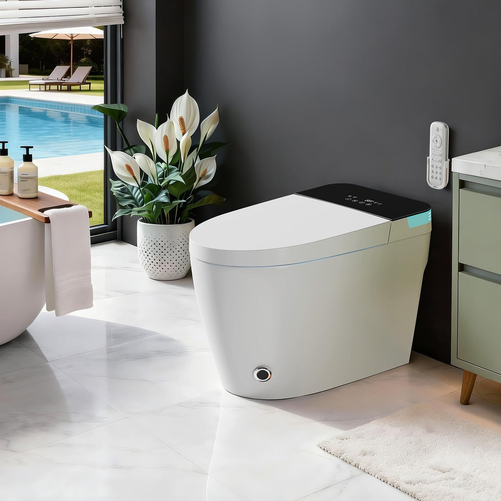 Smart Bidet Toilet Auto Open/Close Lid, Heated Seat with Warm Water Sprayer & Dryer, Tankless Smart Toilet with Auto Dual Flush,Foot Sensor Operation,One Piece Toilet for Bathrooms