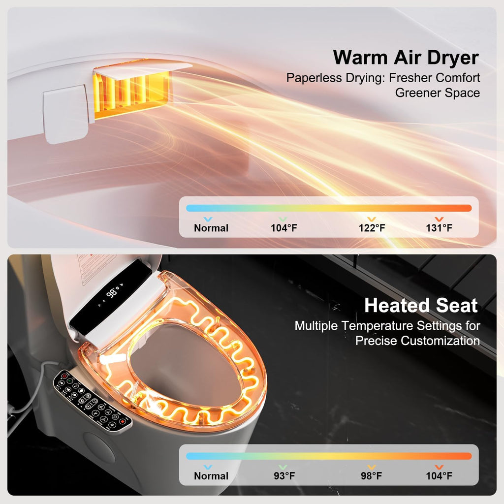 Electric Heated Bidet Toilet Seat with Warm Air Dryer, Toilet Seat with LED Display and Multiple Cleaning Modes (Elongated-White)