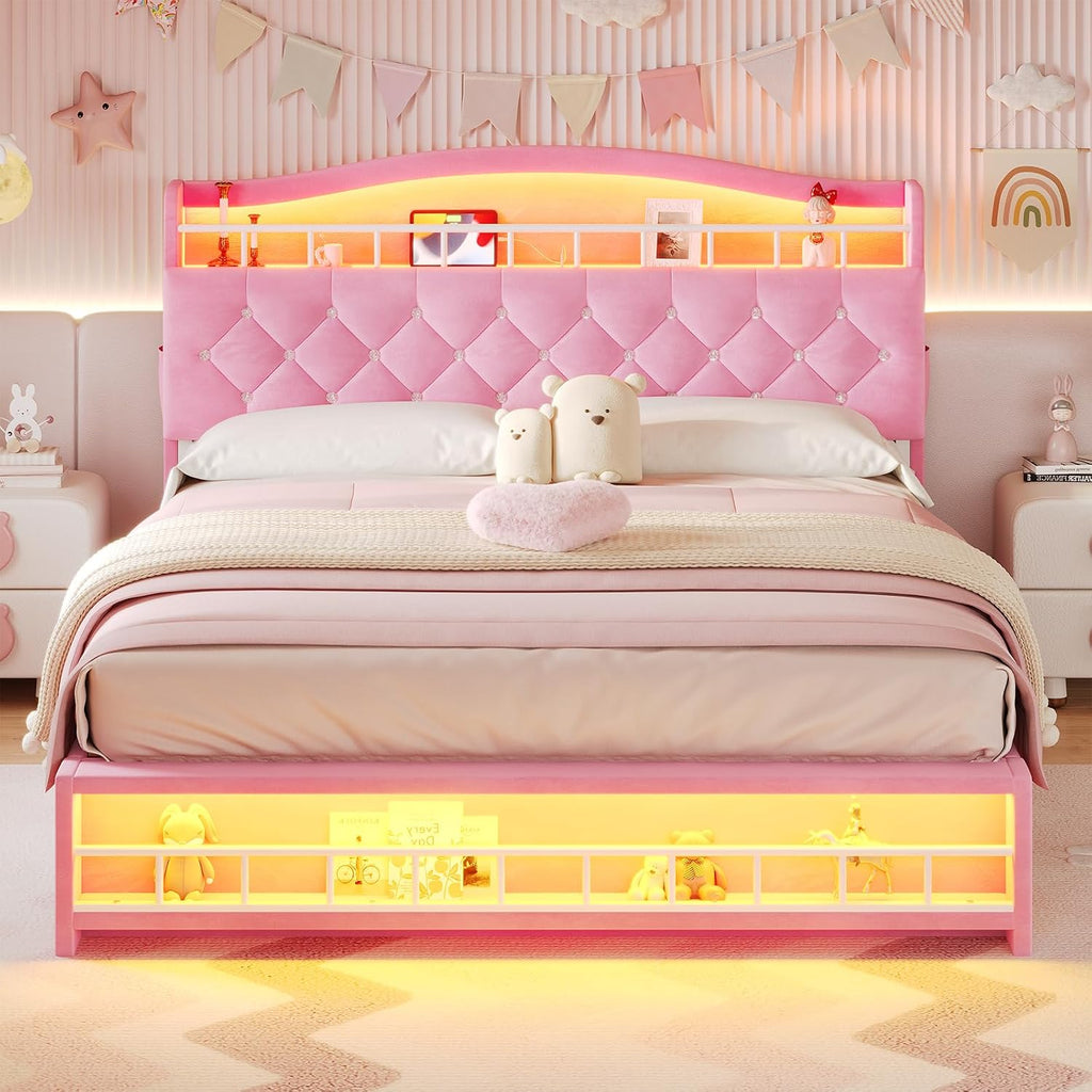 BTHFST Full Szie Girls Bed with LED Lights & Charging Station, Princess Full Size Bed Frame with Hidden Storage Headborad, Sturdy Platform Bed, No Box Spring Needed/Noise-Free/Easy Assembly, Pink